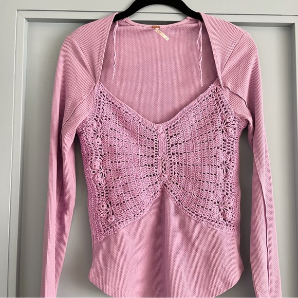 NWOT Free People Long Sleeve Waffle Knit Top with Crochet Detailing - Picture 2 of 7